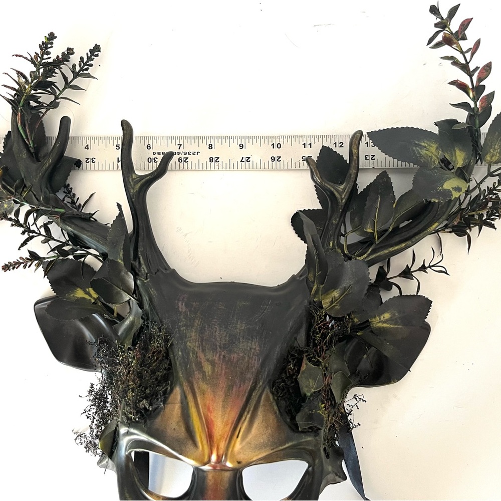 Hand Crafted Forest Deer Antler Halloween Mask Black Gold Hand Painted Moss Fern - Picture 9 of 12